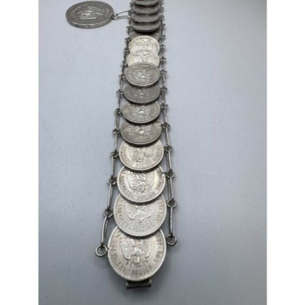 Vintage Mexican Coin Bracelet Solid Silver Unique Collectible Jewelry From 40s - Picture 14 of 16